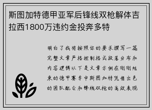 斯图加特德甲亚军后锋线双枪解体吉拉西1800万违约金投奔多特