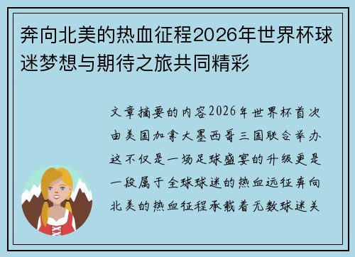 奔向北美的热血征程2026年世界杯球迷梦想与期待之旅共同精彩 奔向北美的热血征程2026年世界杯球迷梦想与期待之旅共同精彩